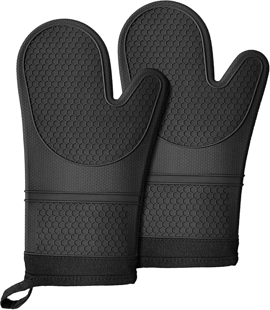 Extra Long Silicone Oven Mitts, Heat and Slip Resistant Oven Mitts with Soft Cotton Lining Non-Slip Textured Grip, Long Flexible Thick Gloves for BBQ, Baking, Cooking, 12.59 inches, Black