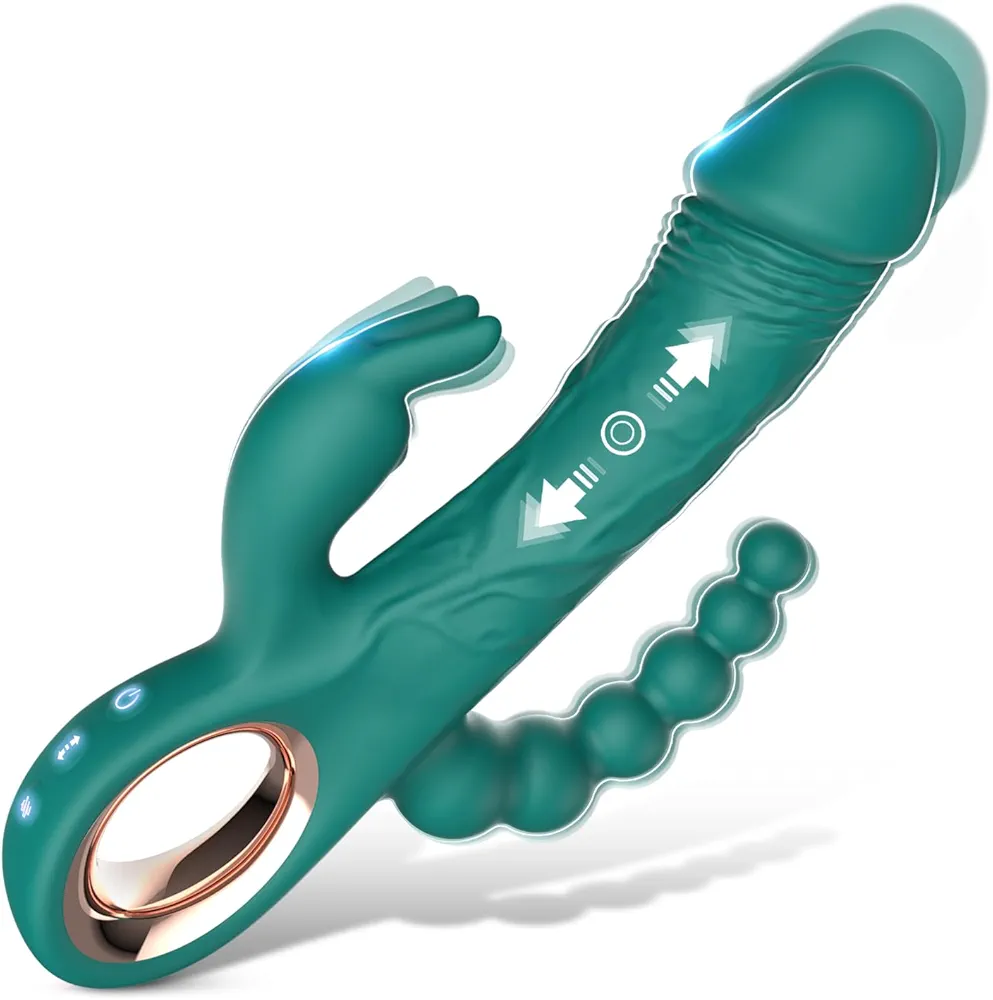 3 in 1 Thrusting Dildo Rabbit Vibrators - Adult Sex Toys with 10 Vibrating & 5 Thrusting Modes for Women, Anal Bead Design for G Spot Clitoral Anal Stimulation, Thrusting Realistic Dildo,Green