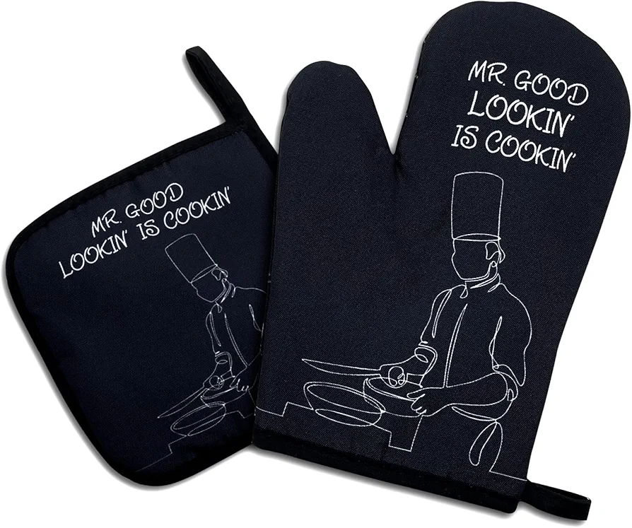 Mr.Good Looking is Cooking,Funny Oven Mitts and Pot Holders Sets of 2,Silicone Non-Slip Oven Mitts,Kitchen Gift for Men,Cooking Baking BBQ Gifts,Chef Gift