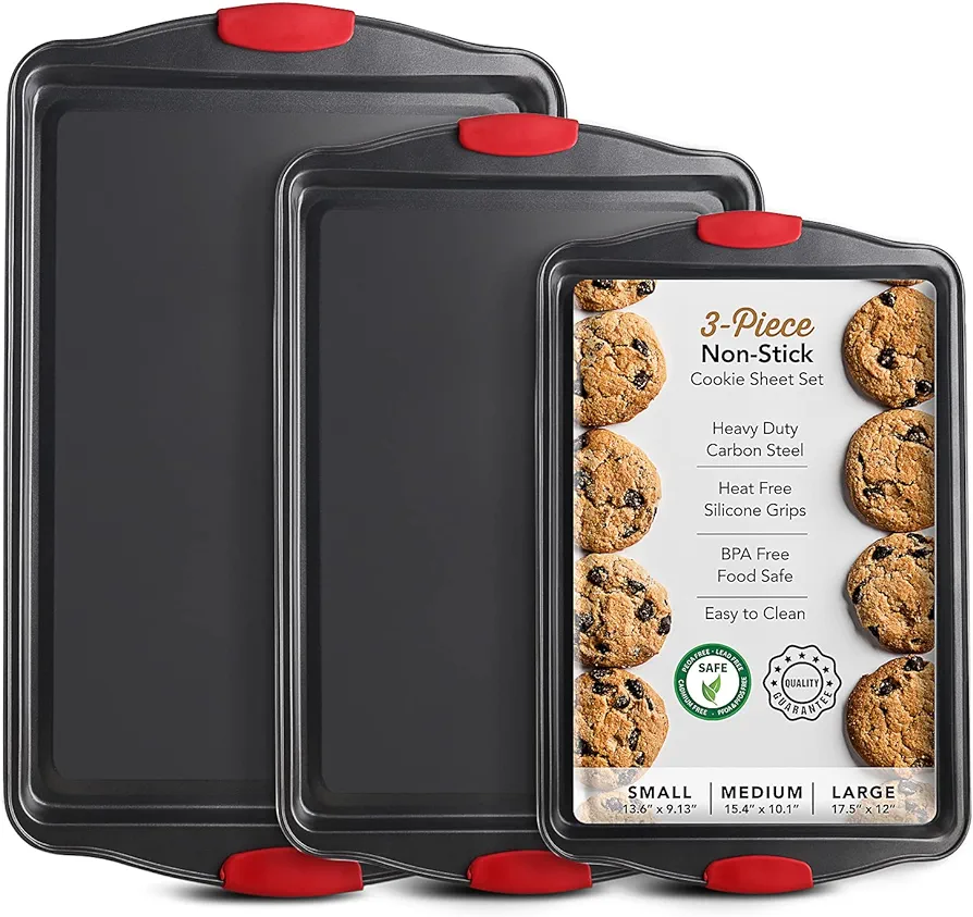 Baking Sheet Set, 3-Piece Cookie Sheet Set with Silicone Handles, Steel Baking Pans Set, Durable Baking Sheets for Oven, BPA Free Cookie Sheets for Baking Nonstick Set, Sheet Pan - Black Baking Pan