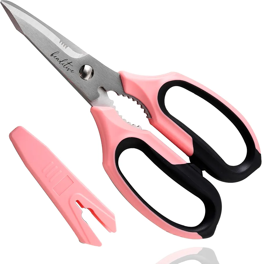 Beaditive Multi-Purpose 8" Kitchen Shears - Detachable, Serrated Blades, Japanese Stainless Steel - Ergonomic Handle, Protective Cover - Dishwasher Safe