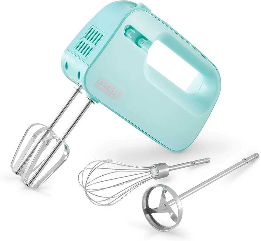 Dash SmartStore™ Deluxe Compact Electric Hand Mixer + Whisk and Milkshake Attachment for Whipping, Mixing Cookies, Brownies, Cakes, Dough, Batters, Meringues & More, 3 Speed, 150-Watt – Aqua