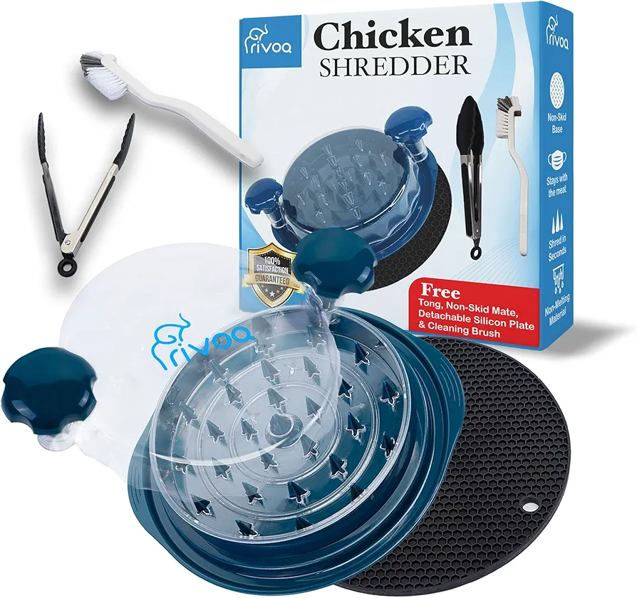 Rivoq Chicken Shredder 10 inches with Silicone Layer, anti slip Mat, Brush & Tong - Effortlessly Shred, Chop Meat. Food Grade, Kitchen Essentials.