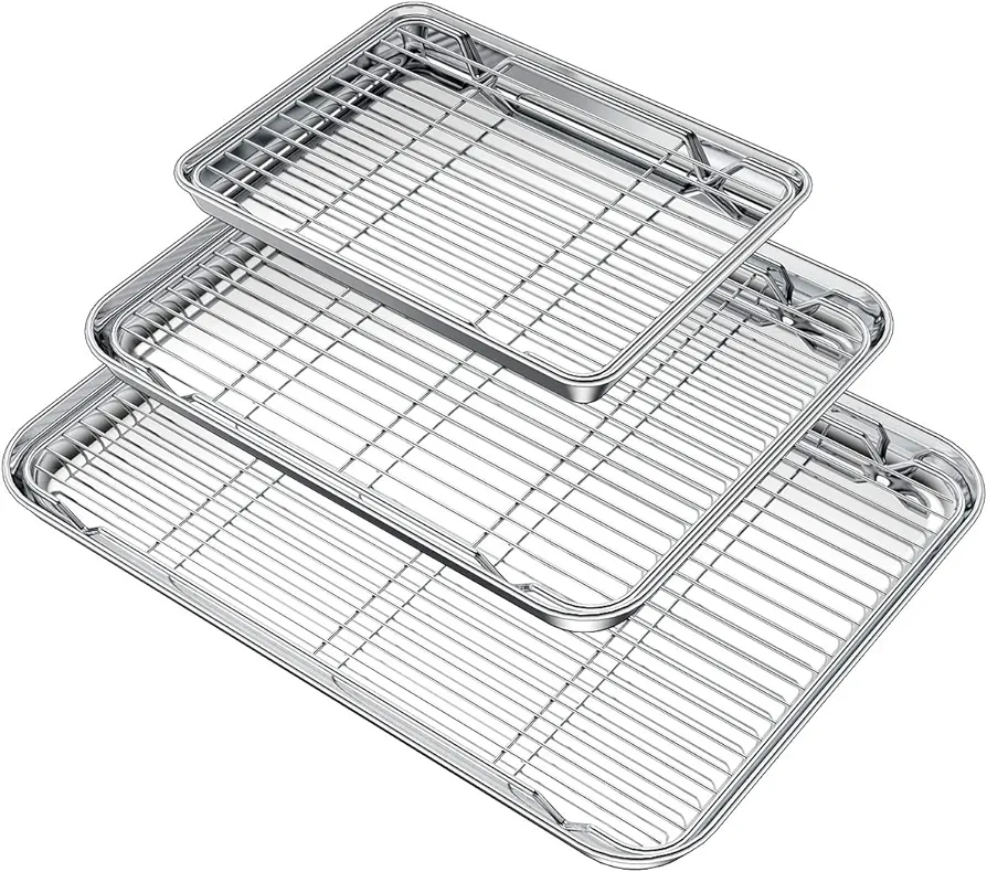 Wildone Baking Sheet with Rack Set (3 Pans + 3 Racks), Stainless Steel Baking Pan Cookie Sheet with Cooling Rack, Non Toxic & Heavy Duty & Easy Clean