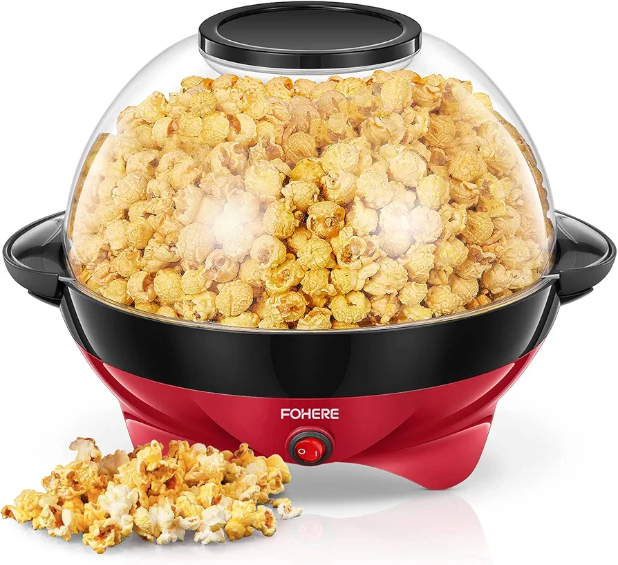 Popcorn Machine, FOHERE 6.3 Quarts Electric Hot Oil Popcorn Popper Machine with Stirring Rod, Large Lid for Serving Bowl and Convenient Storage, Removable & Nonstick Plate, 28Cups, Two Measuring Cups