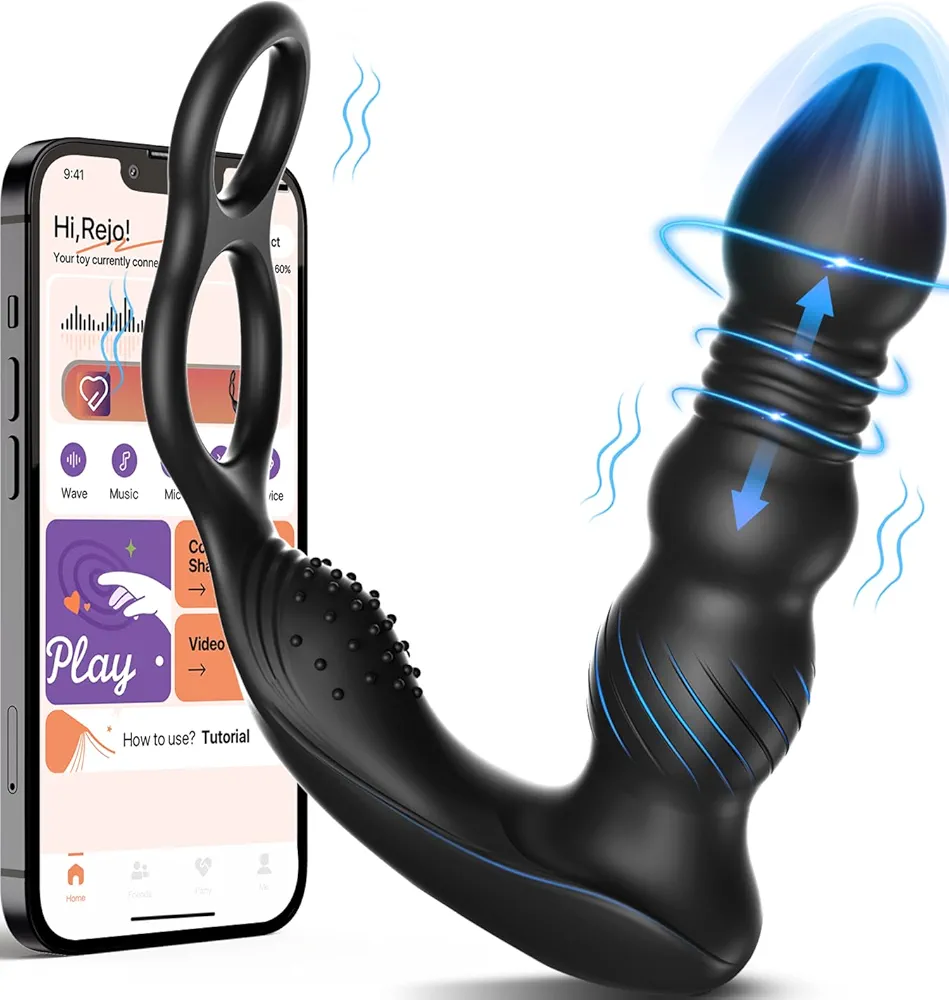 Thrusting Anal Vibrator Prostate Massager with 2 Vibrating Cock Ring, Anal Plug with 10 Thrusting & Vibrating Modes, Dildo Butt Plug Male Sex Toys for Men Gay Couple Pleasure