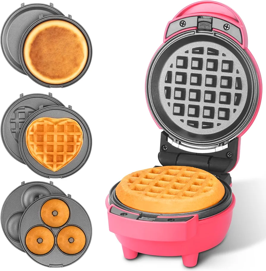 Baker's Friend 4 in 1 Mini Waffle Maker with Removable Plates, A Set of Mini Pancake Maker, Mini Donut Maker, Mini Heart Shape Waffle Maker and Small Waffle Maker, Compact Size, Recipe Included