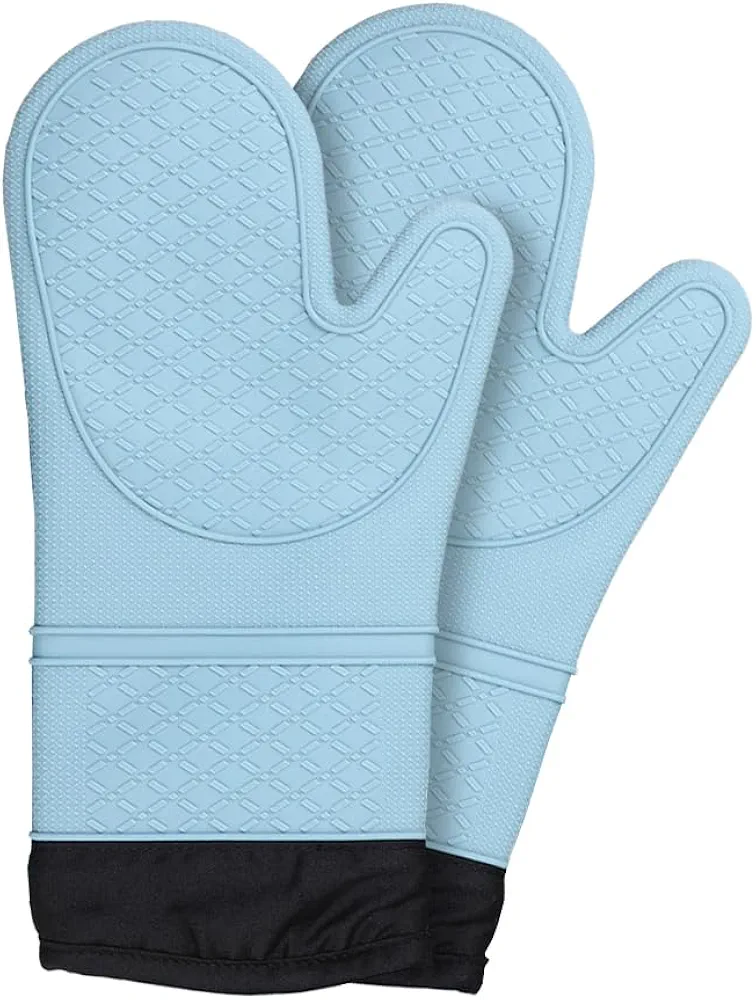 meioro Silicone Oven Mitt, Heat and Slip Resistant Oven Mitts, Flexible Kitchen Oven Glove Set with Soft Quilted Liner, Grip Soft Oven Gloves for Cooking Baking Kitchen Mittens (Light Blue)