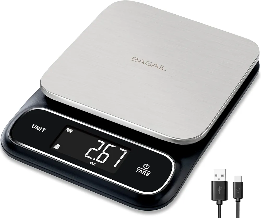 BAGAIL Food Scale, 0.1g High Precision Kitchen Scales, IPX6 Waterproof, USB-C Rechargeable, 0.01oz/11lb Digital Scale for Food Ounces and Grams with Stainless Steel Weighing Platform - Black