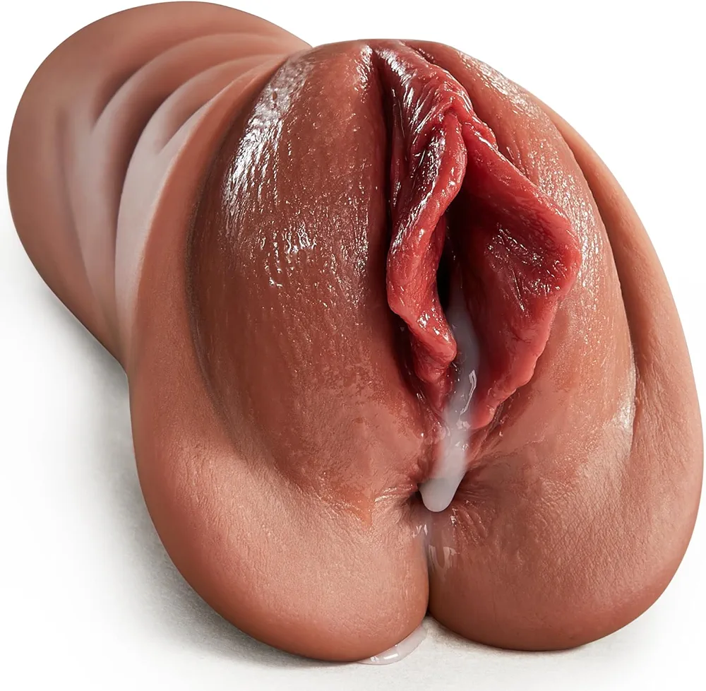 Realistic Pocket Pussy Male Masturbators, Thick Labia Brown Male Masturbator with 5D Stimulation Deep Vagina and Tight Anus, Lifelike Blowjob Male Stroker Adult Sex Toys for Men Masturbation