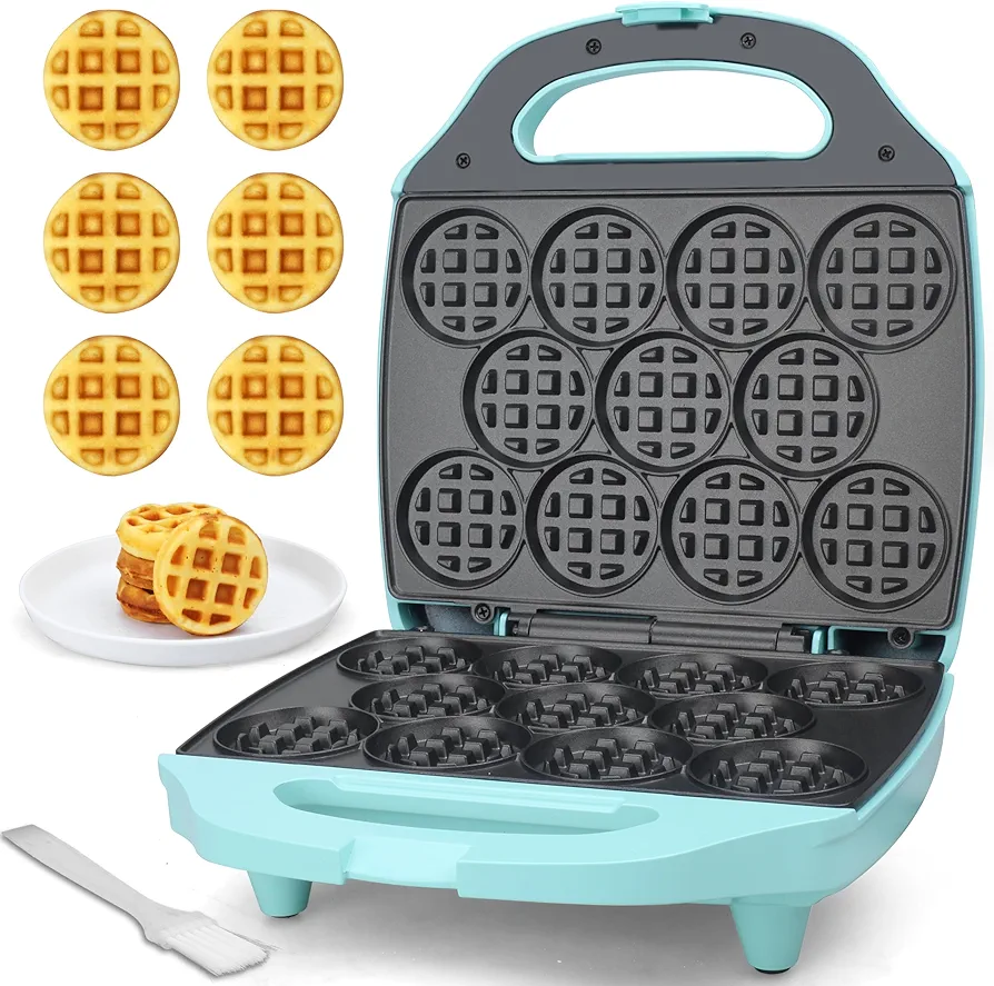 Baker's Friend, Bite-size Mini Waffle Maker for Kids & Adults, Small Waffle Maker Mini Belgian Waffle Machine, 11 X 2.2” Tiny Nonstick Waffles Iron, Recipe Included, Aqua