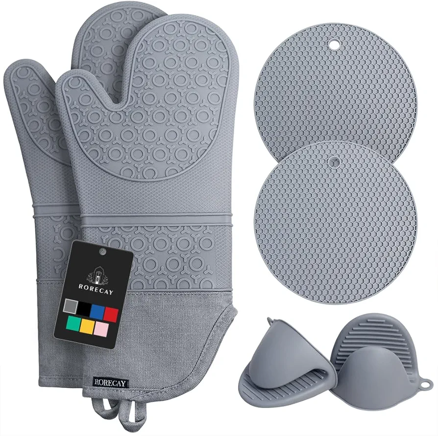 Rorecay Extra Long Oven Mitts and Pot Holders Sets: Heat Resistant Silicone Oven Mittens with Mini Oven Gloves and Hot Pads Potholders for Kitchen Baking Cooking, Quilted Liner, Gray, Pack of 6