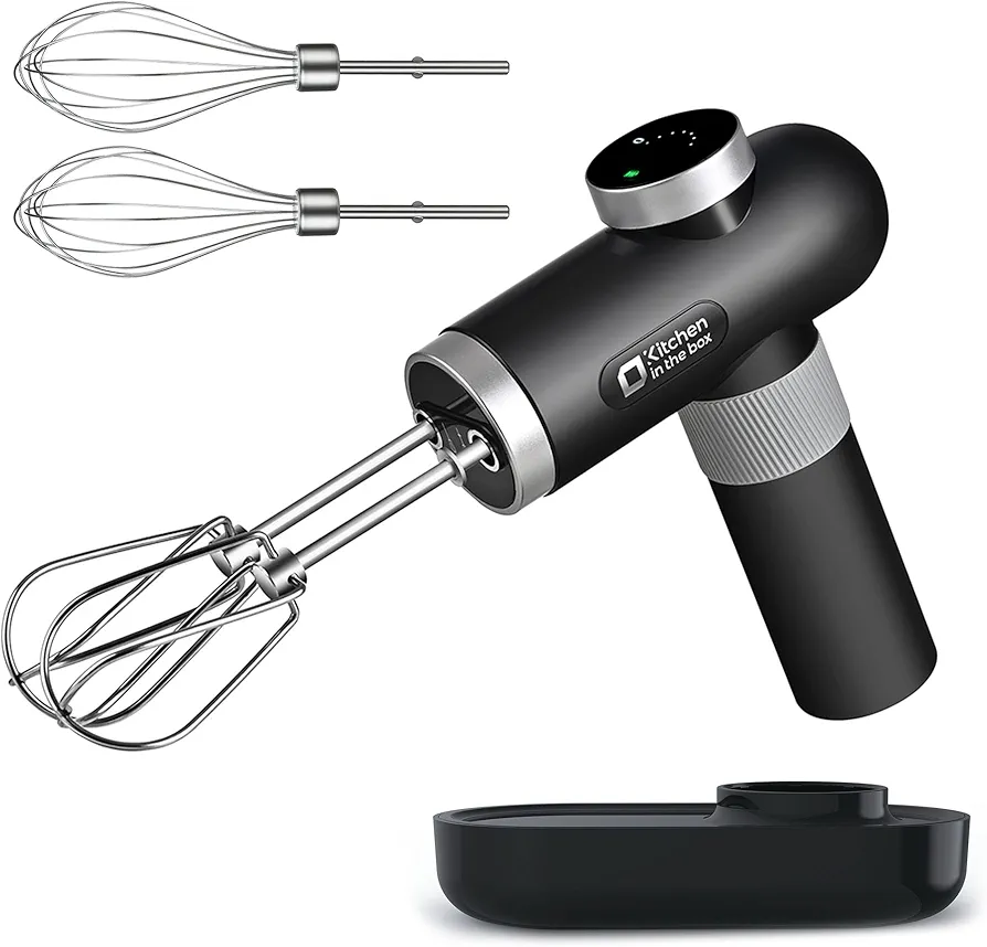 Kitchen in the box Cordless Rechargeable Handheld Mixer for Kitchen, Portable Electric Kitchen Mixer with Beaters, Whisks, 6-Speed Digital Display, Charging Base and USB-C Charge Cable (Classic Black)