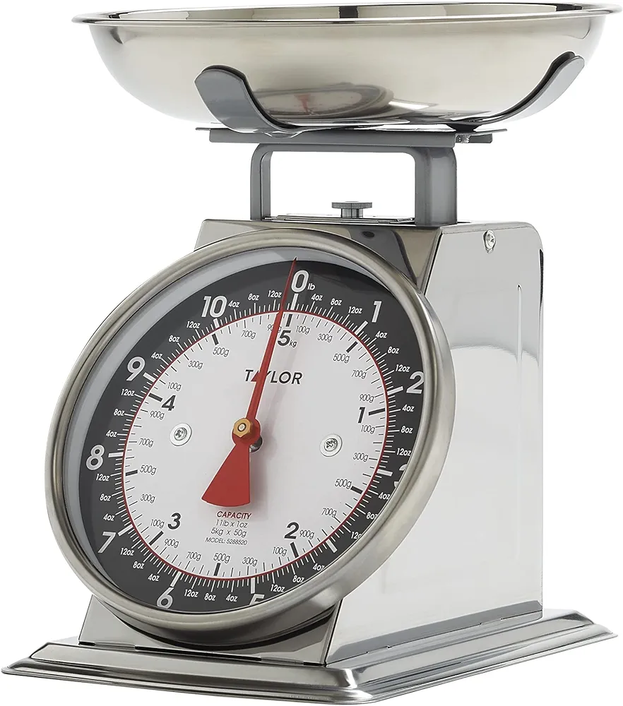 Taylor Mechanical Kitchen Weighing Food Scale with Bowl, Weighs up to 11lbs, Measures in Grams and Ounces, Food Scales for Kitchen, Black and Silver