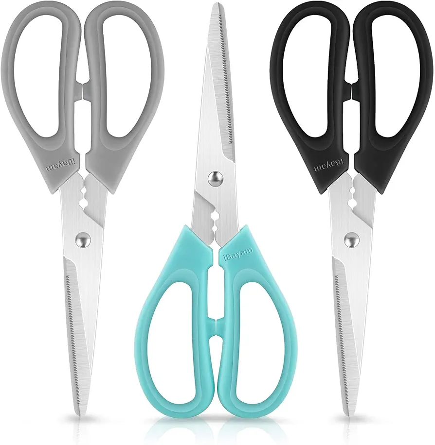 Kitchen Shears Scissors, iBayam 3-Color Stainless Steel Dishwasher Safe Food Scissors for Herbs Chicken Meat Poultry Fish BBQ, 8 Inch Utility Cooking Scissors for Women Men with Small Hands