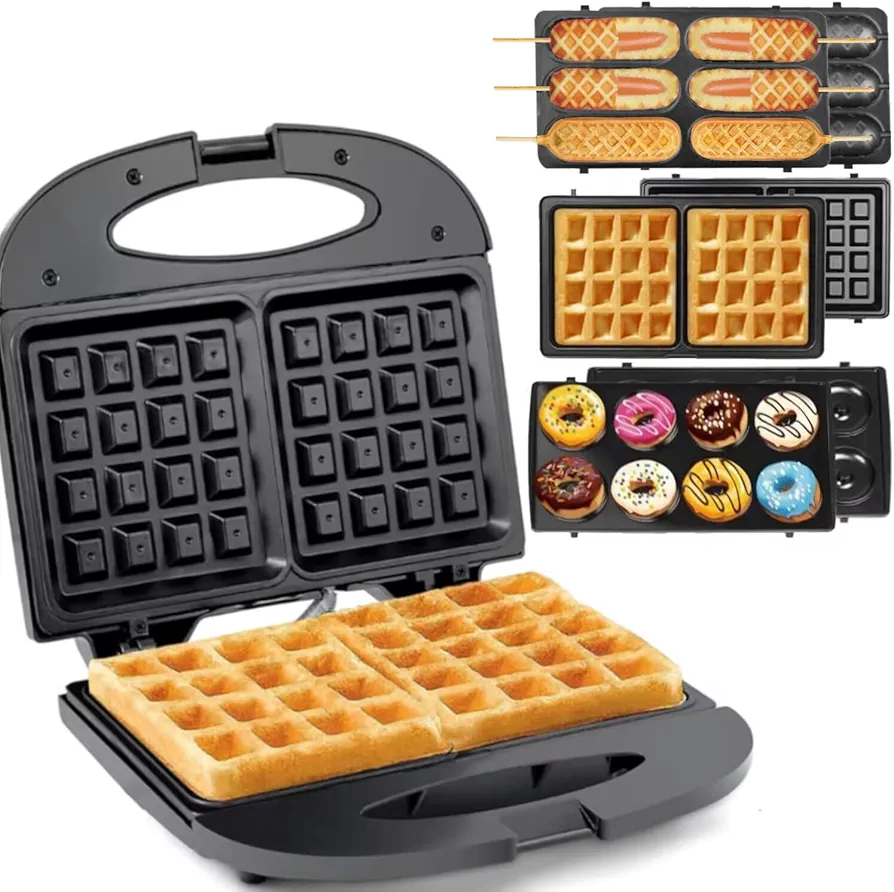 Waffle Maker,Donut,Hot Dog Machine Set,3-in-1 Multifunctional Breakfast Maker Machine with Iron Removable Plate Mold for Home,Kitchen,Cake,Paninis,Nut,Steaks,Grill,Lunch,Snacks or Dessert