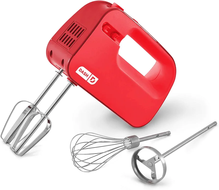 Dash SmartStore™ Deluxe Compact Electric Hand Mixer + Whisk and Milkshake Attachment for Whipping, Mixing Cookies, Brownies, Cakes, Dough, Batters, Meringues & More, 3 Speed, 150-Watt – Red