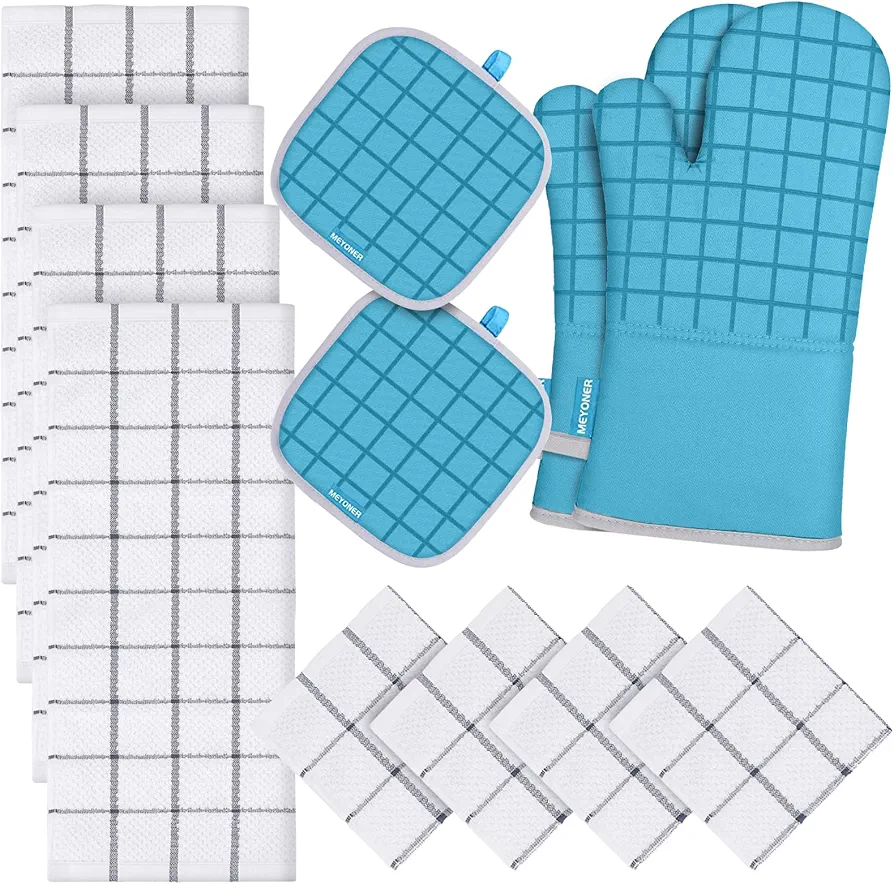 Oven Mitts and Pot Holders Set with Kitchen Towels and Dishcloths, 500 Degree Heat Resistant Oven Gloves and Hot Pads, Premium Soft Cotton Kitchen Hand Towels and Dish Cloth Sets (Turquoise)