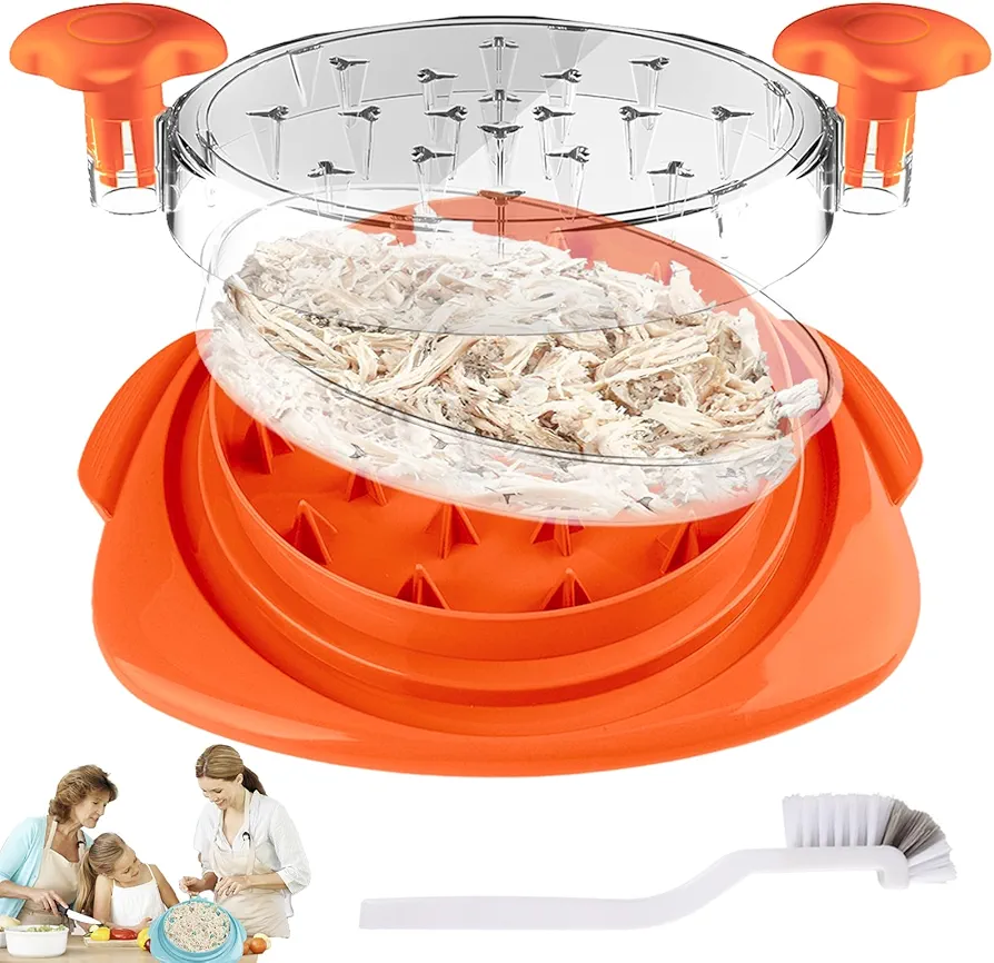 Chicken Shredder with Separate Plate, Large Meat Shredder Tool Twist with Transparent Lid&Brush, Visible Manual Chicken Breast Shredder, Funny Chicken Shaped Non-Slip Base, Dishwasher Safe