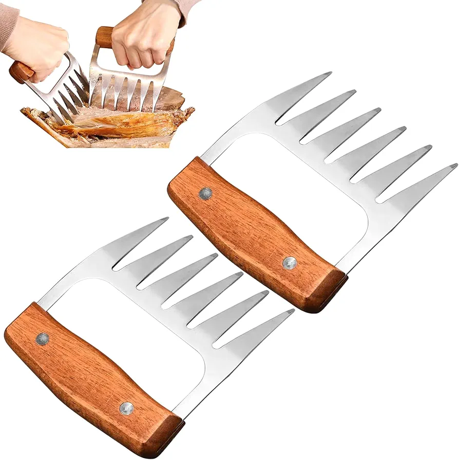 Metal Meat Shredder Claws,Stainless Steel Meat Forks with Wooden Handle for Shredding, Pulling, Handing, Lifting & Serving Pork, Turkey, Chicken, Brisket