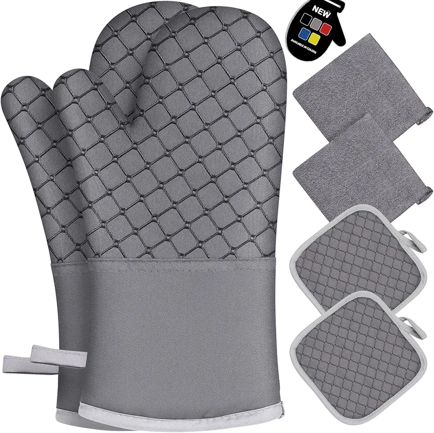 6 Pcs Oven Mitts and Pot Holders, 500℉ Heat Resistant Oven Mitts with Kitchen Towels Soft Cotton Lining and Non-Slip Silicone Surface Safe for Baking, Cooking, BBQ (Grey)