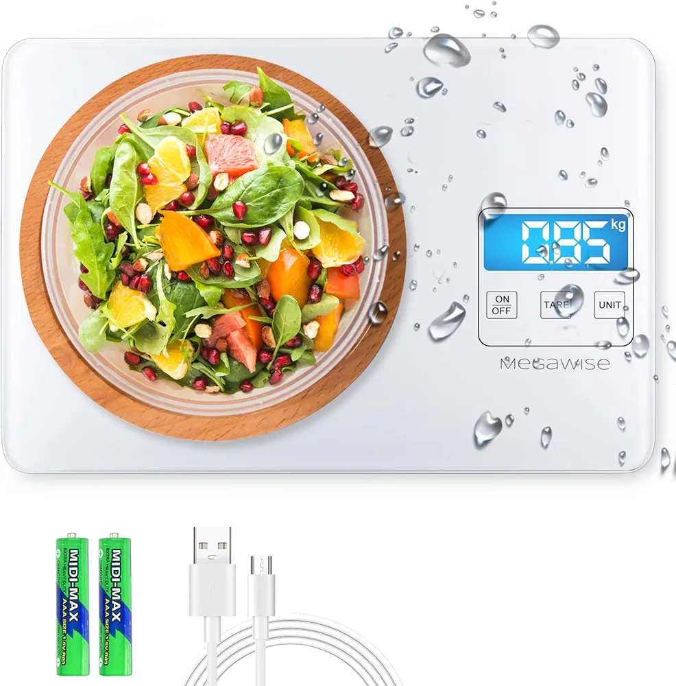 MegaWise Precision Food Scale, 33lb Waterproof Rechargeable Digital Kitchen Scale, 1g/0.04oz Precise Graduation, Weight Grams and Ounces for Cooking Baking, 5 Units Conversion, Tare Function