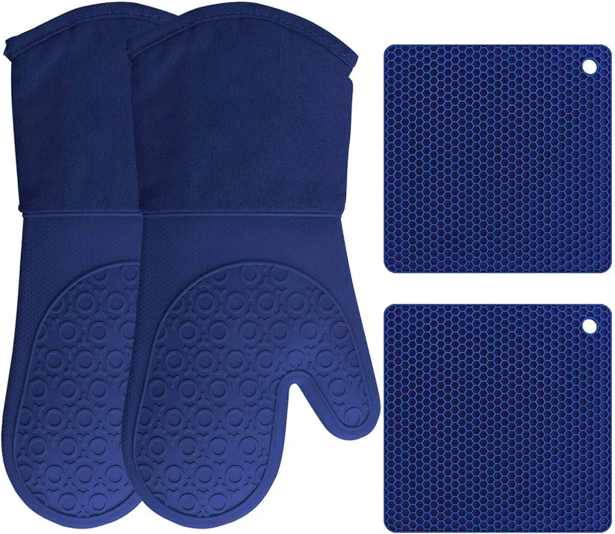 HOMWE Silicone Oven Mitts and Pot Holders, 4-Piece Set, Heavy Duty Cooking Gloves, Kitchen Counter Safe Trivet Mats, Advanced Heat Resistance, Non-Slip Textured Grip