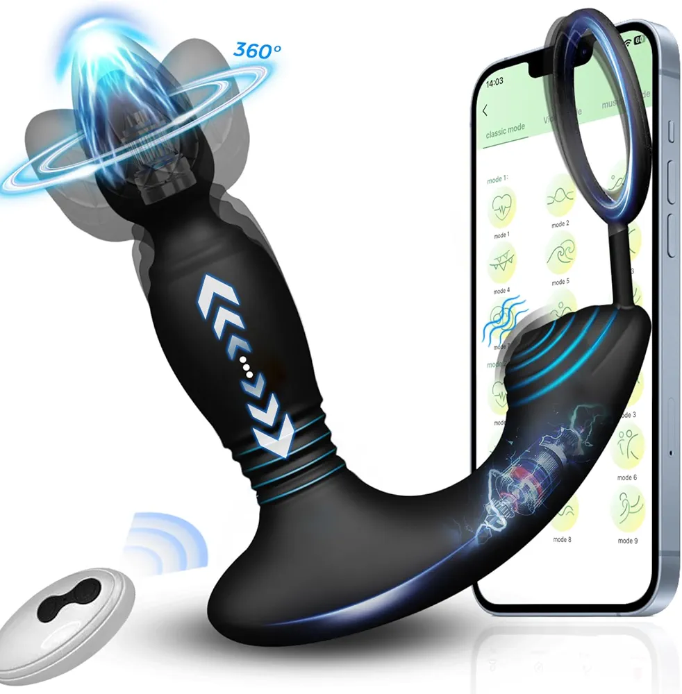 Prostate Massager Anal Plug with Cock Ring, HESEKS Thrusting Vibrator Adult Toys with 9 Thrusting & Vibrating Modes, Sex Toys for Men Women Couples with Remote Control & APP, Male Sex Toys Anal Toys