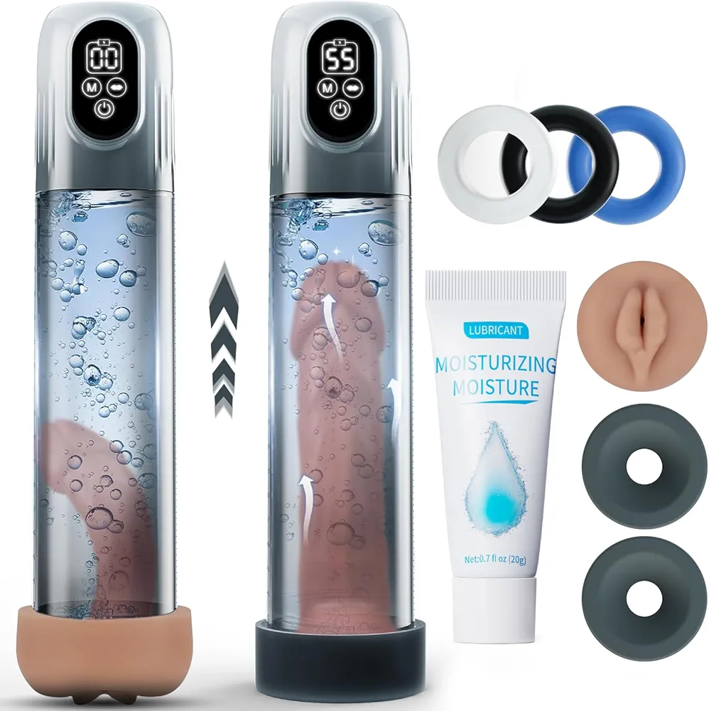 Electric Penis Pump, Automatic Male Masturbator with Mini Pocket Pussy and 3 Penis Ring, Adult Sex Toys for Men Dick Enlarger Erection, Air Water Extender with 4 Training Pressure and 5 Suction Modes