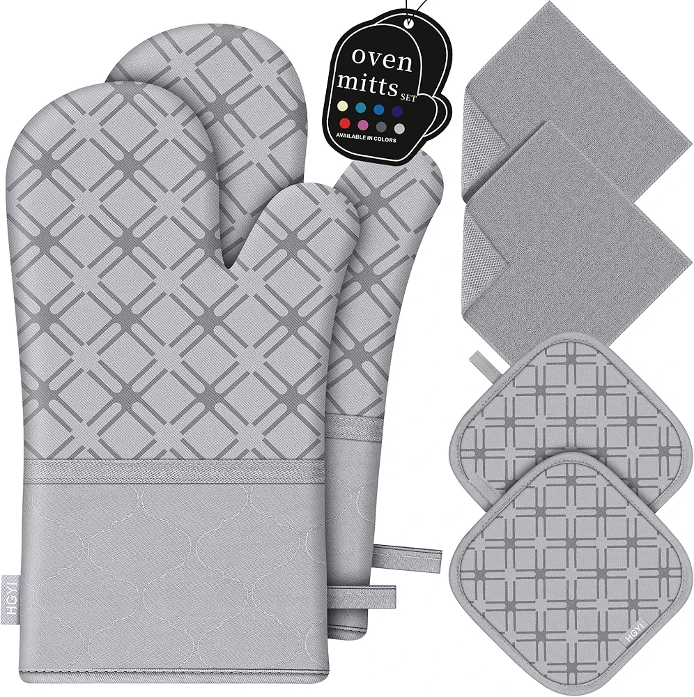 Oven Mitts and Pot Holders Set with Dishcloths, 500 Degree Heat Resistant Oven Gloves and Hot Pads, Premium Soft Cotton Kitchen Mittens and Dish Cloth Sets-Grey