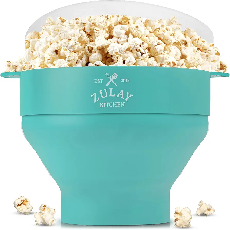 Zulay Microwave Popcorn Popper - BPA-Free Silicone Popcorn Popper Microwave Popcorn Bowl - Collapsible Microwave Popcorn Maker - Family Movie Night Supplies - Aqua