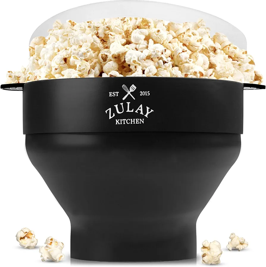 Zulay Microwave Popcorn Popper - BPA-Free Silicone Popcorn Popper Microwave Popcorn Bowl - Collapsible Microwave Popcorn Maker - Family Movie Night Supplies - Black