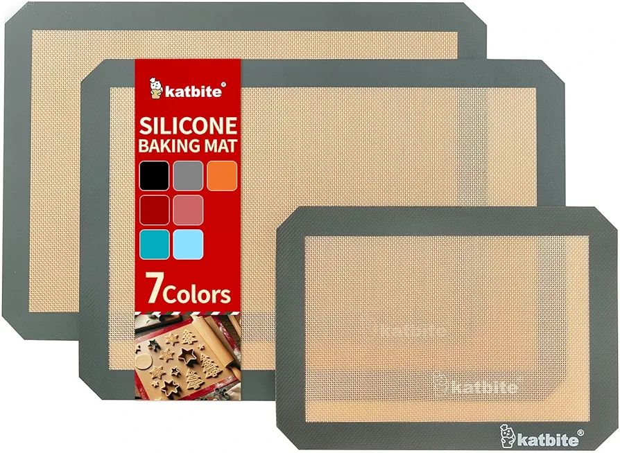 Silicone Baking Mat, Katbite Large Baking Mat Set of 3-2 Half Sheets Mats (11 5/8" x 16 1/2") + 1 Quarter Baking Sheets, Reusable & Nonstick Bakeware Mats for Cookies, Macarons, Bread and Pastry