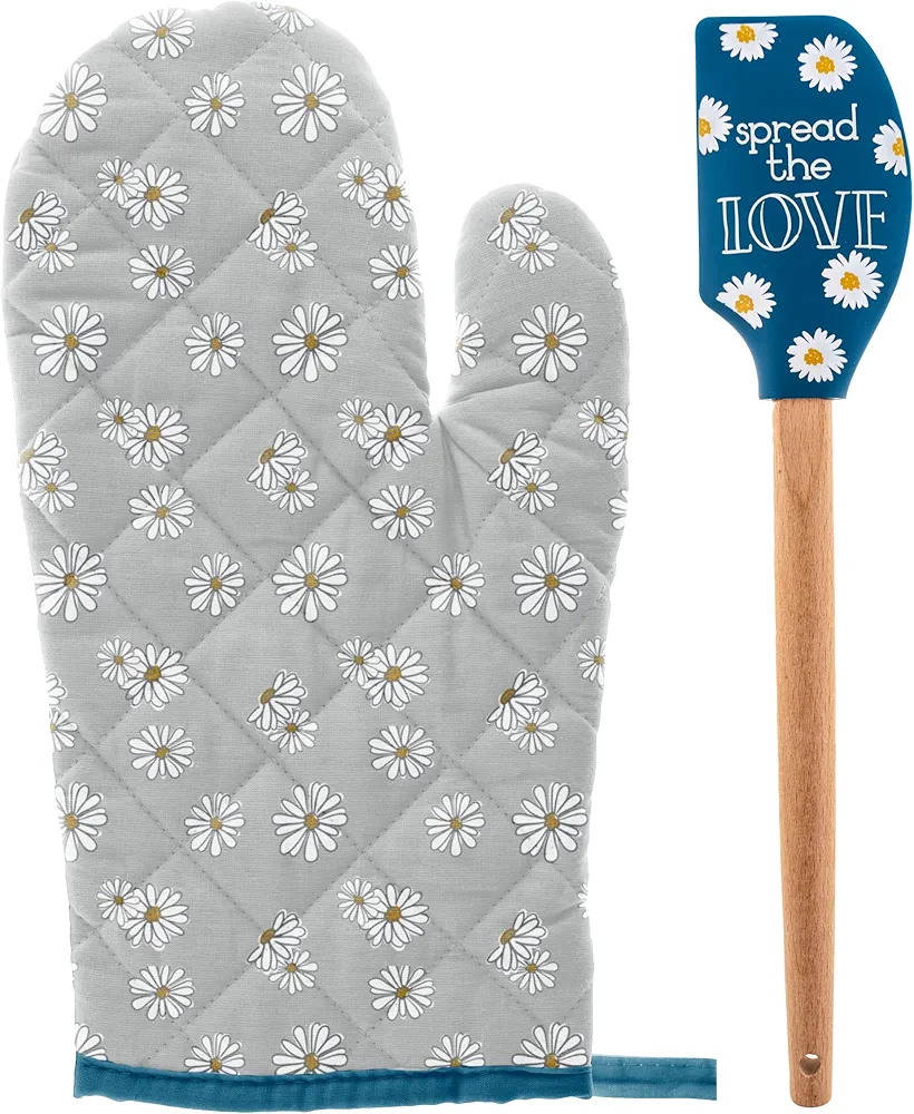 Karma, Reese Oven Mitt with Spatula, Oven Mitt and Spatula Set, Soft Insulated Quilting Oven Mitt and Silicone Spatula, Daisy