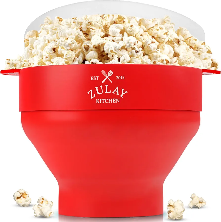 Zulay Microwave Popcorn Popper - BPA-Free Silicone Popcorn Popper Microwave Popcorn Bowl - Collapsible Microwave Popcorn Maker - Family Movie Night Supplies - Red