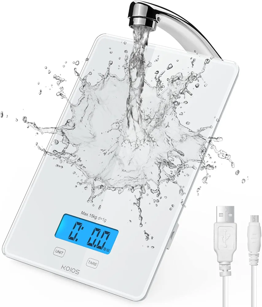 KOIOS USB Rechargeable Food Scale, 33lb/15Kg Kitchen Scale Digital Weight Grams and oz for Cooking Baking, 1g/0.1oz Precise Graduation, Waterproof Tempered Glass, 6 Weight Units, Tare Function