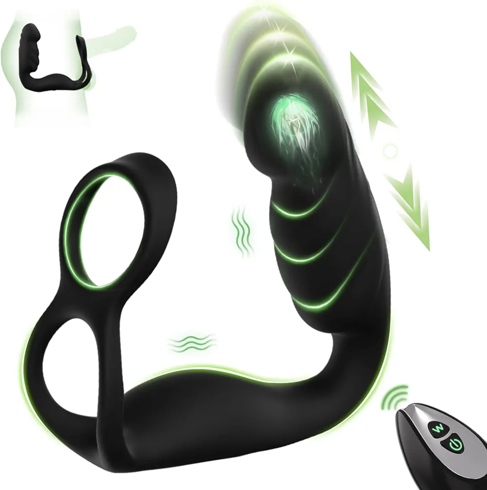 Thrusting Prostate Massager Anal Vibrator Butt Plug Penis Ring Adult Sex Toys for Men, 7 Pulse Modes Remote Control Anal Dildo Toys 2 Cock Rings with 12 Vibration Modes P Spot Massager for Couple Play