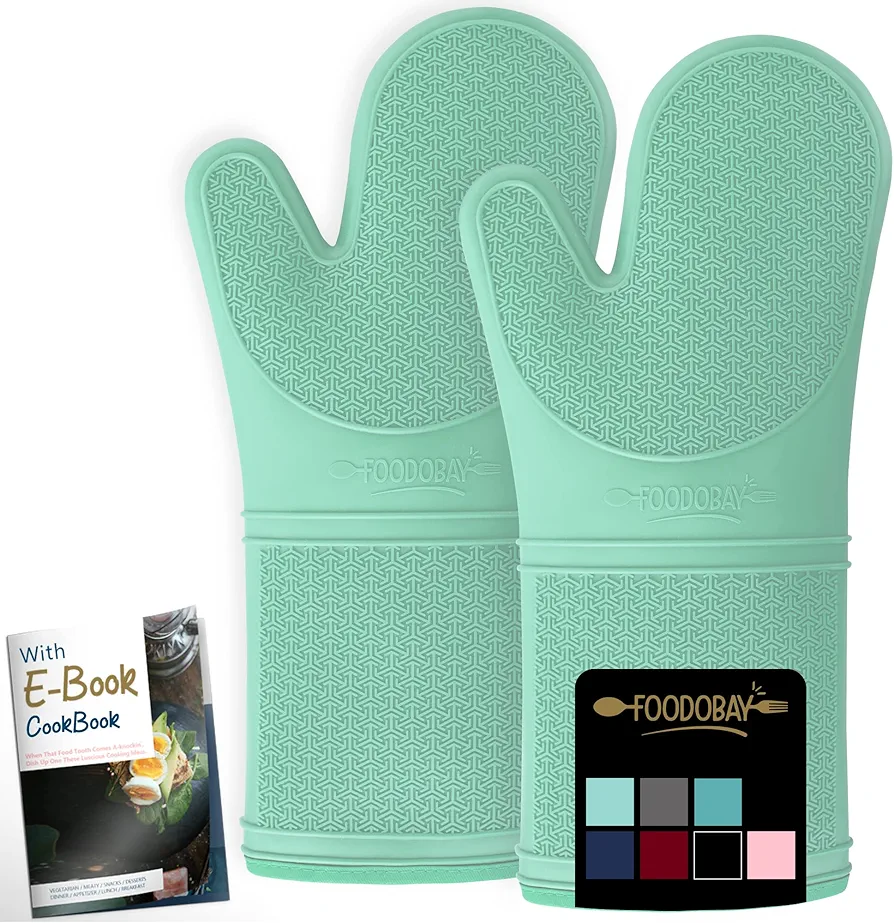 Silicone Oven Mitts Heat Resistant 500F - 14.5” Extra Long, Grippy Design, Soft Lining Silicone Oven Gloves - Flexible Mint Oven Mits Set for Cooking Kitchen Mitten Pot Holder (with E-Book)