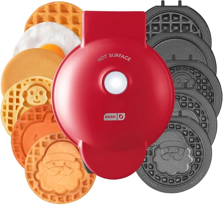 DASH Multimaker with 7 Removable Plates: Waffle Iron & Griddle + 3 Themed Plates - Santa Pumpkin Snowman - Mini Waffle for Halloween and Christmas Holidays - for Kids and Families (Red)