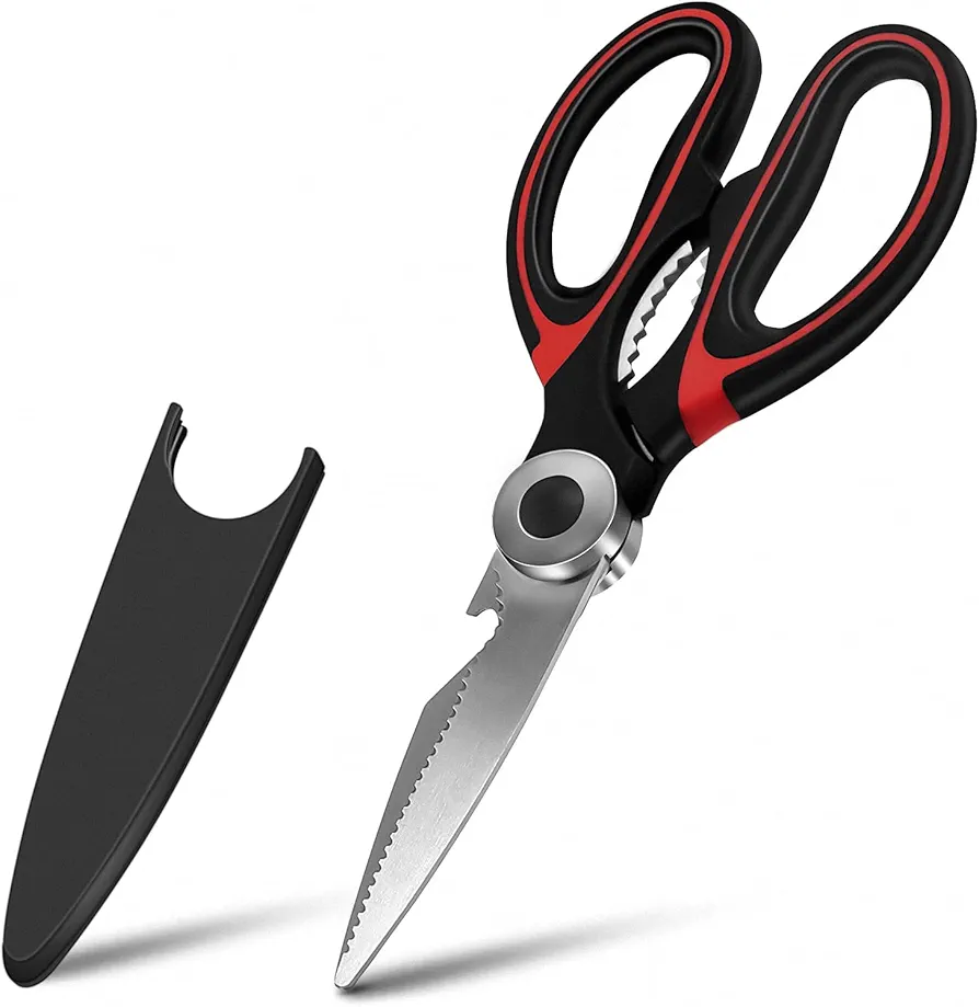 Urbanstrive Heavy Duty Kitchen Shears with Protective Sheath Kitchen Meat Scissors, Dishwasher Safe Cooking Scissors, for Chicken, Poultry, Fish, Herbs, Black+Red