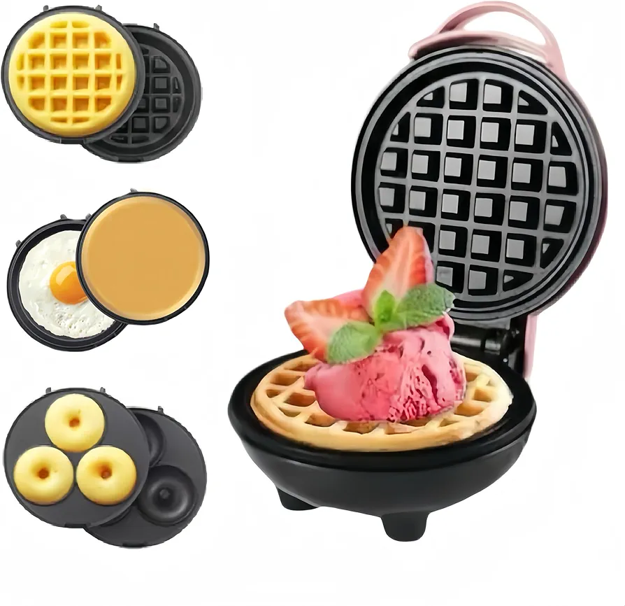 3 in 1 Mini Waffle Maker with Removable Plates-Waffles,Donuts,Pancakes all in Multimaker -Nonstick Surface for Easy Cleaning - Great Holiday Gift(Pink)