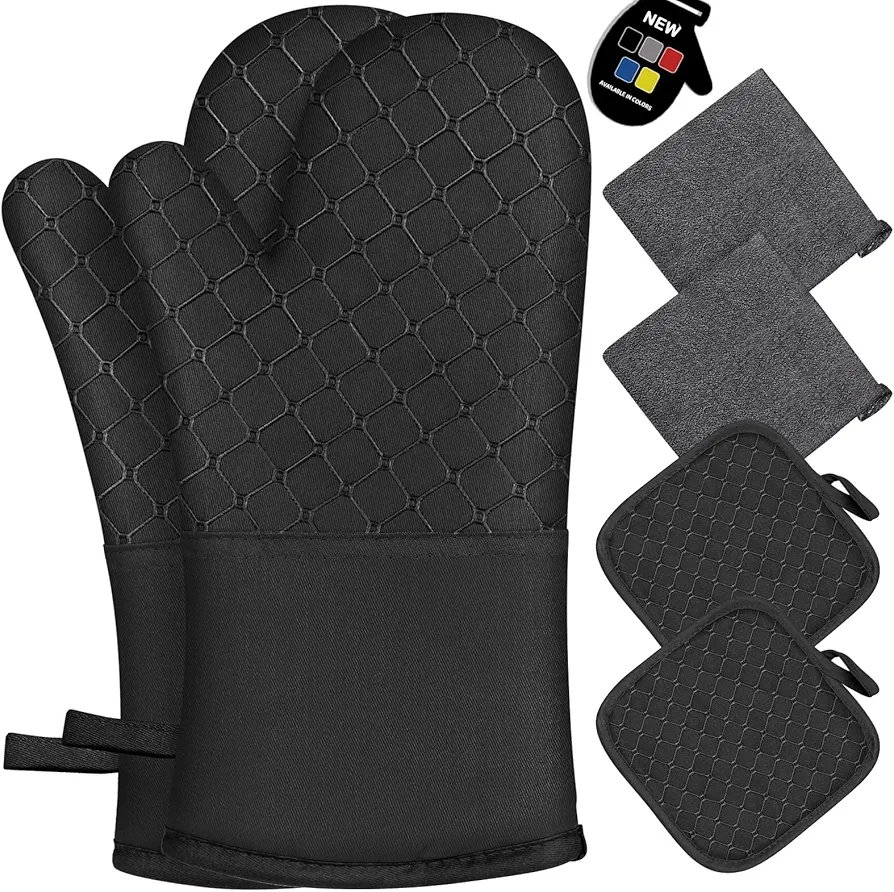 6 Pcs Oven Mitts and Pot Holders, 500℉ Heat Resistant Oven Mitts with Kitchen Towels Soft Cotton Lining and Non-Slip Silicone Surface Safe for Baking, Cooking, BBQ (Black)