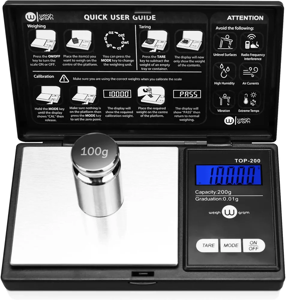 Weigh Gram 200g Digital Pocket Gram Scale 0.01g Accuracy, 200g x 0.01g Mini Digital Grams Scale, Small Food Scale, Jewelry Scale, Ounces Grains Scale With100g Calibration Weight