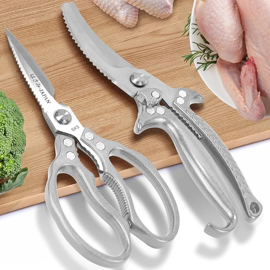 Heavy Duty Kitchen Shears Poultry Shears Set, Professional Kitchen Scissors all Purpose kitchen scissors for food Chicken Poultry Meat Herb Flower Seafood Fish Fruit Vegetable Pizza Cutting, Silver