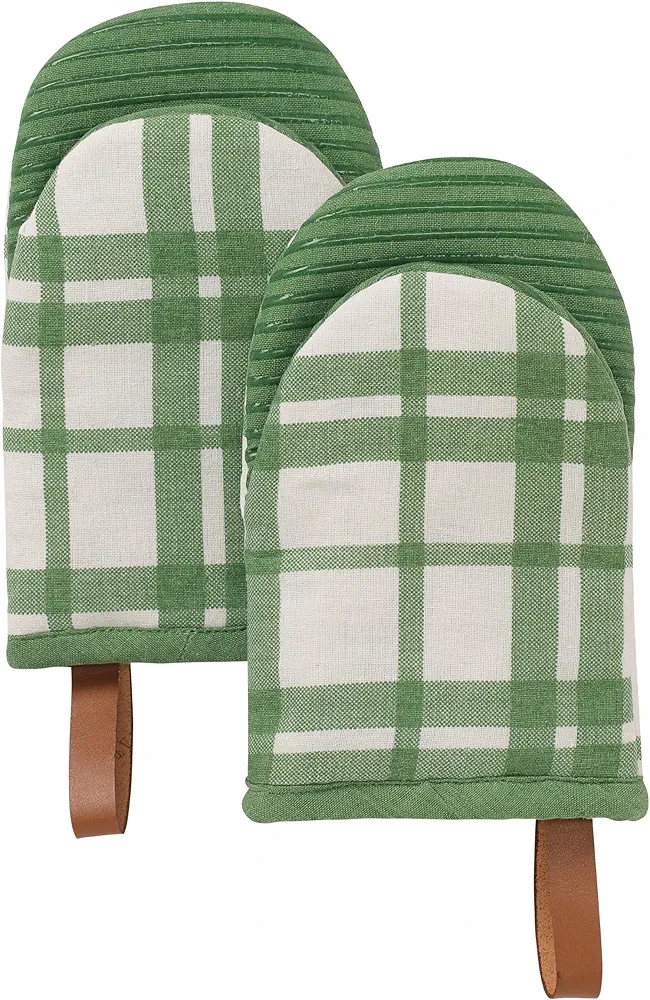 Folkulture Mini Oven Mitts Heat Resistant 5.75" x9", Set of 2 Short Oven Mitts with Hanging Loop, 100% Cotton Oven Gloves or Kitchen Mittens, Small Oven Mitt Set or Silicone Oven Mits (Cedar Green)