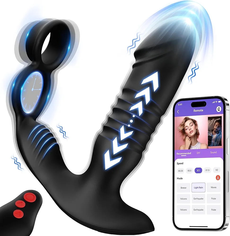 Prostate Massager Male Sex Toys for Men - 3IN1 Male Sex Toy with Dual Cock Ring, App & Remote Control Prostate Vibrator Toy, 7 Thrusting & Vibrating Modes Anal Dildo Plug Adult Toys for Men