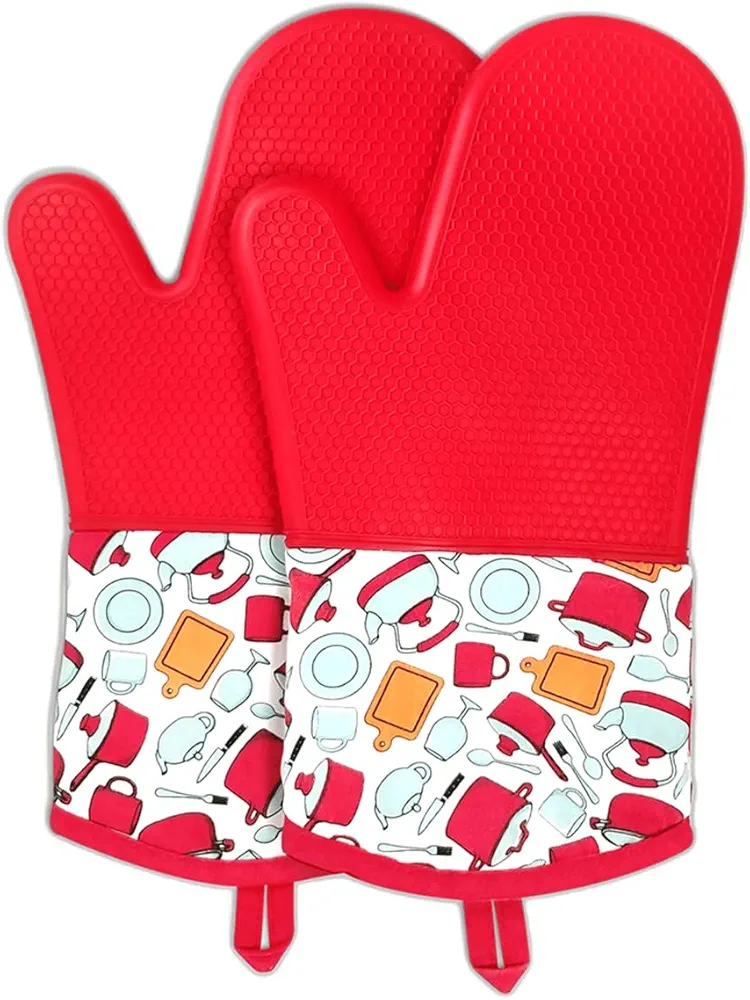 LYART Heat Resistant Silicone Oven Mitts Set, Non-Slip Oven Gloves with Cotton Lining, Oven Mitts Pot Holders and Hot Pads for Kitchen Baking Cooking BBQ (Red, 1pair Oven Mitts)