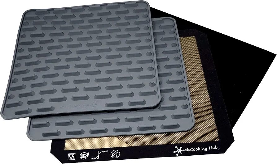 Silicone Roasting Mat and Silicone Baking Mat Combo for Air Fryer Oven - Set of 3 Food Safe, Non-Stick Baking Mat and Silicone Roasting Racks with Bonus Non-Stick Oven Liner