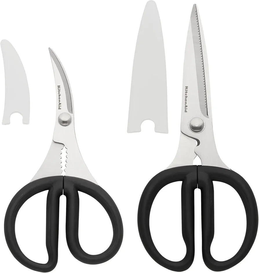 KitchenAid Stainless Steel Set of 2 All Purpose and Seafood Shears Set with Soft Touch Handles and Protective Sheath, Curved Handle to Cut Crustacean Shell, Dishwasher Safe, Black