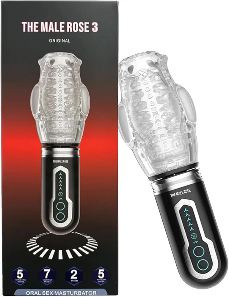 The Original Male Rose 3 Male Stroker - Thrusting, Vibrating & Rotating Male Masturbator Device with 10 Vibration Frequencies, 5 Rotation Modes - Rechargeable TPE Masturbator with Transparent Cup